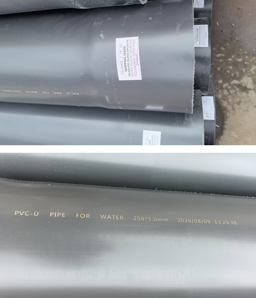 Shipping mark on the uPVC pipes reading Milaidhoo Island Maldives water villa pillar repair