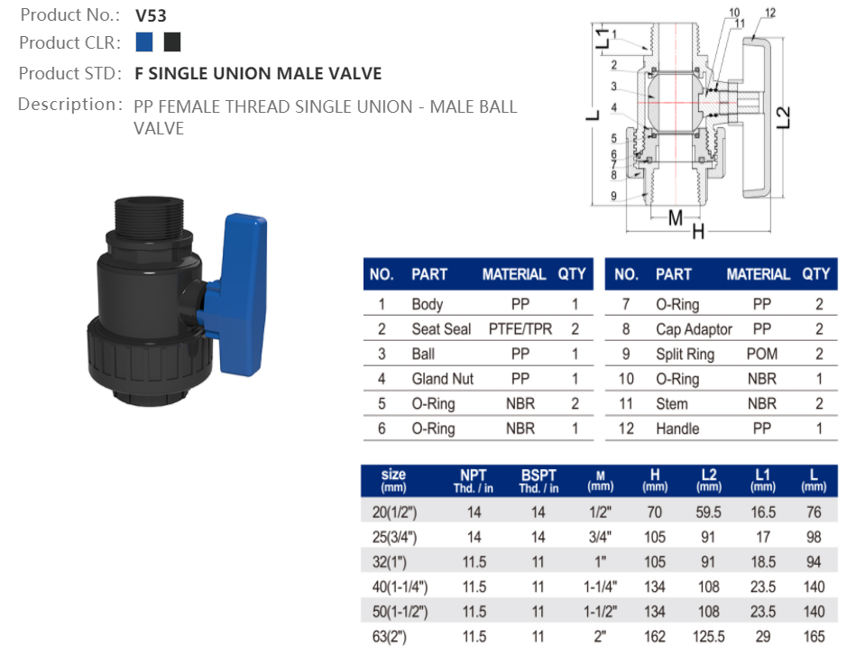 F SINGLE UNION MALE VALVE